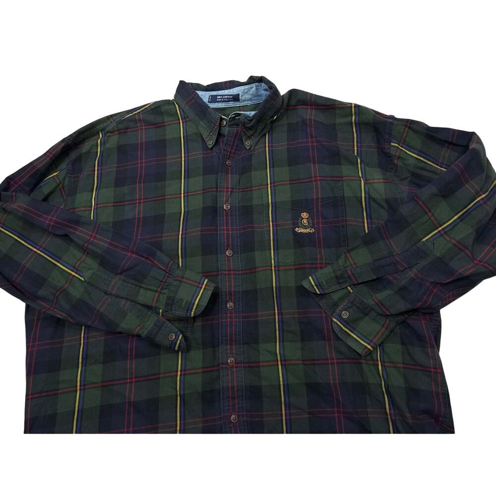 Vintage Y2K Chaps Ralph Lauren Button-Up Shirt Green Blue Plaid XL Cotton